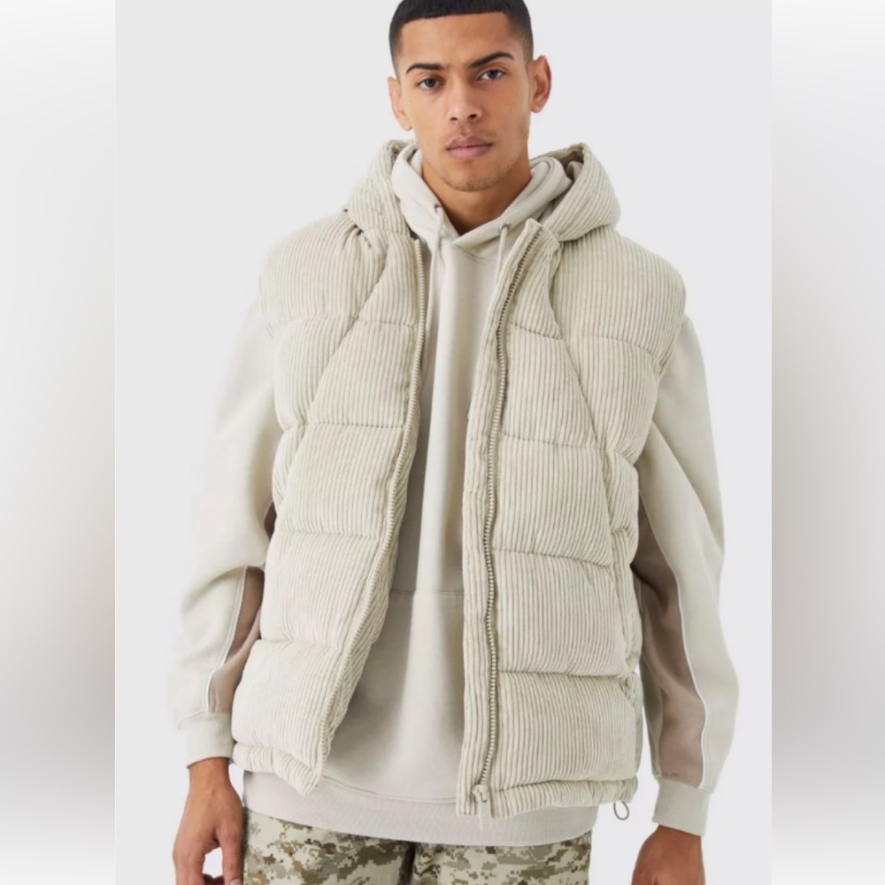 NWT Boohoo Man Cord Paneled Hooded Puffer Vest